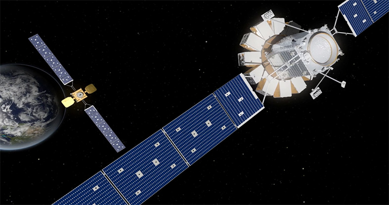 Rendering of the MRV with MEP pods attached, heading to a target satellite, via Orbital ATK 